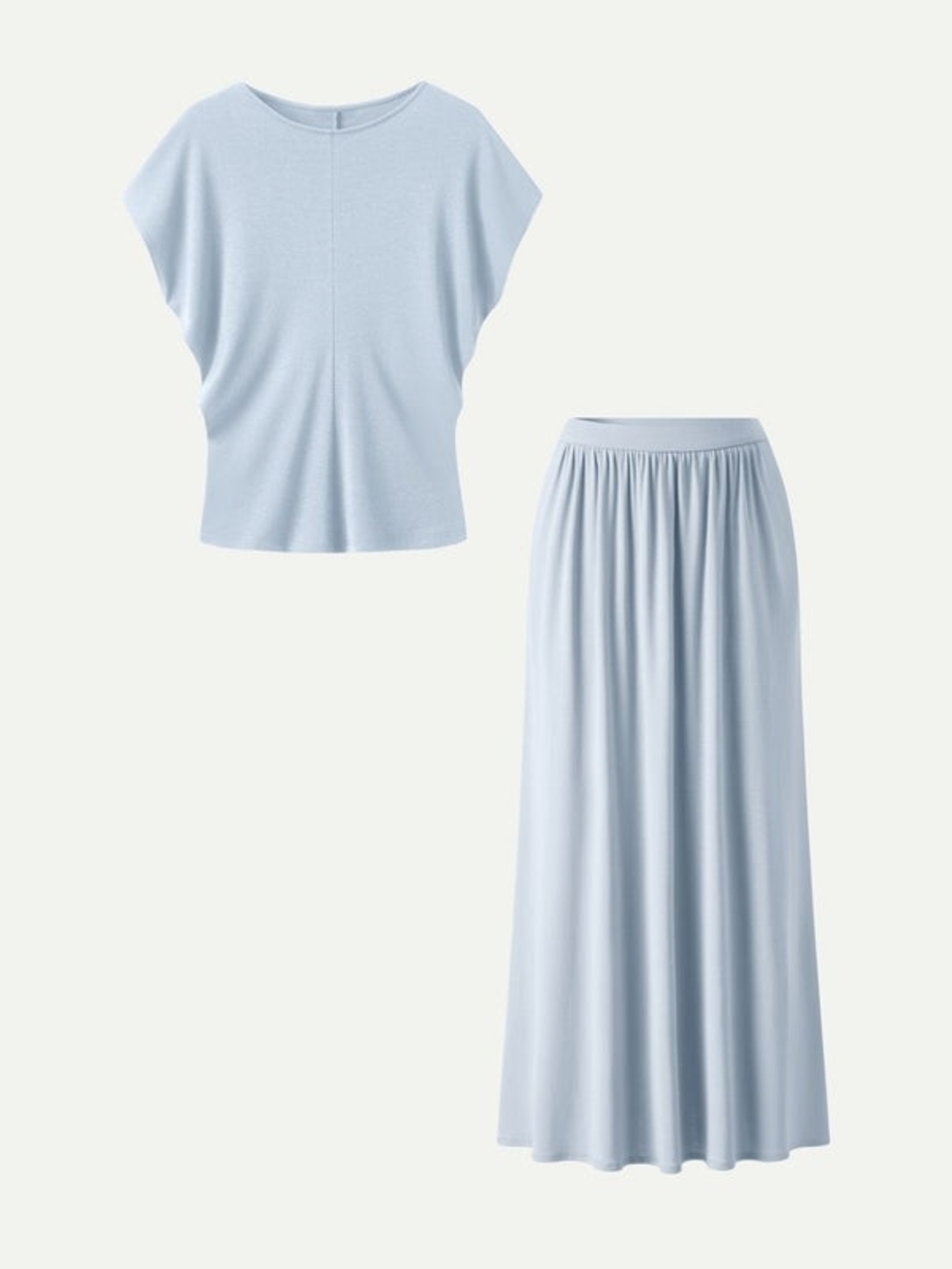 OGL Tencel-Linen 2Pcs Set Round Neck Top & A-Line Maxi Skirt with Pockets